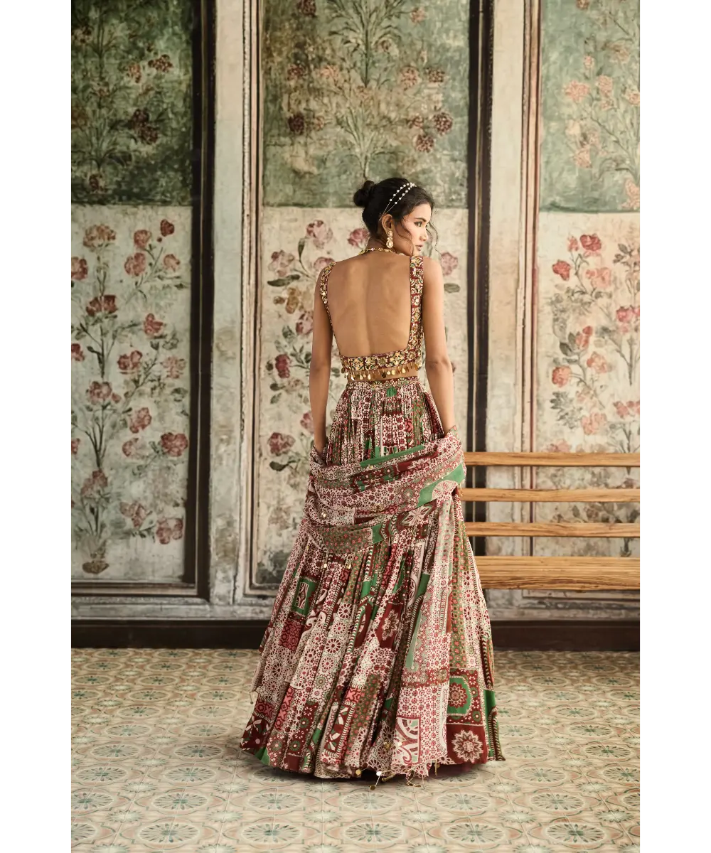 DIYARAJVVIR - Sage-Maroon Print and Highlighted Square Neck Blouse with Lehenga Set
