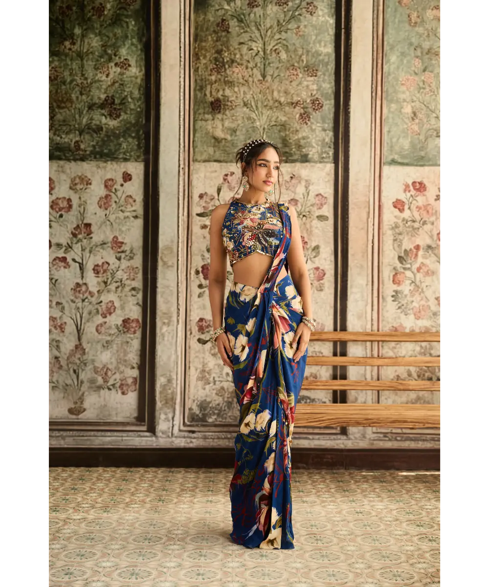 DIYARAJVVIR - Blue Floral Printed Skirt Saree Set