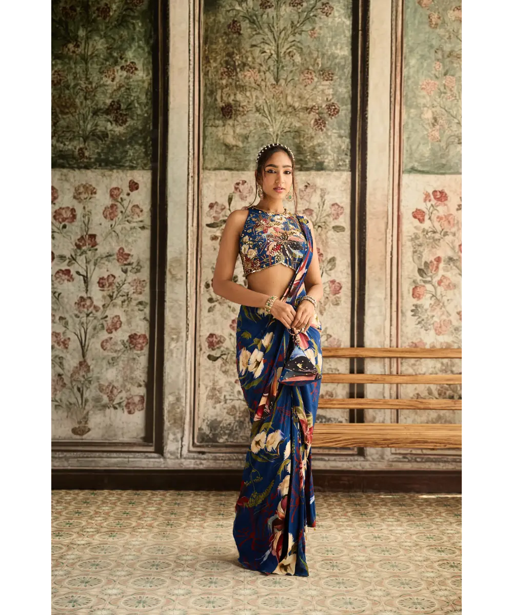 DIYARAJVVIR - Blue Floral Printed Skirt Saree Set