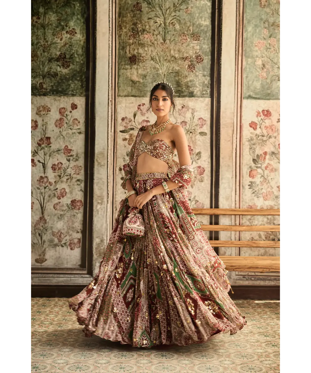 DIYARAJVVIR - Sage-Maroon Print and Highlighted Strapless Blouse with Lehenga Set