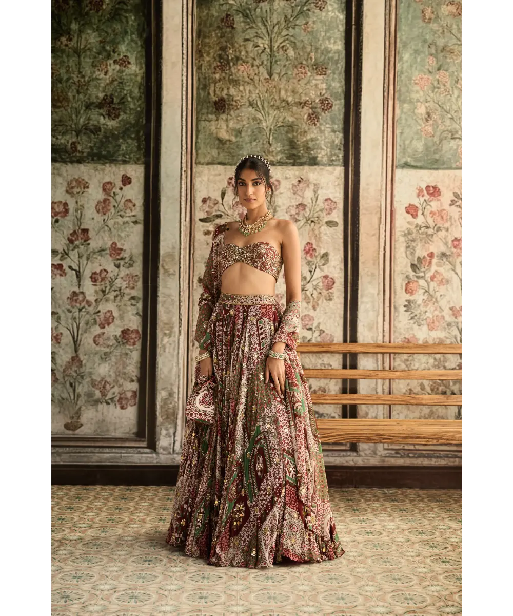 DIYARAJVVIR - Sage-Maroon Print and Highlighted Strapless Blouse with Lehenga Set