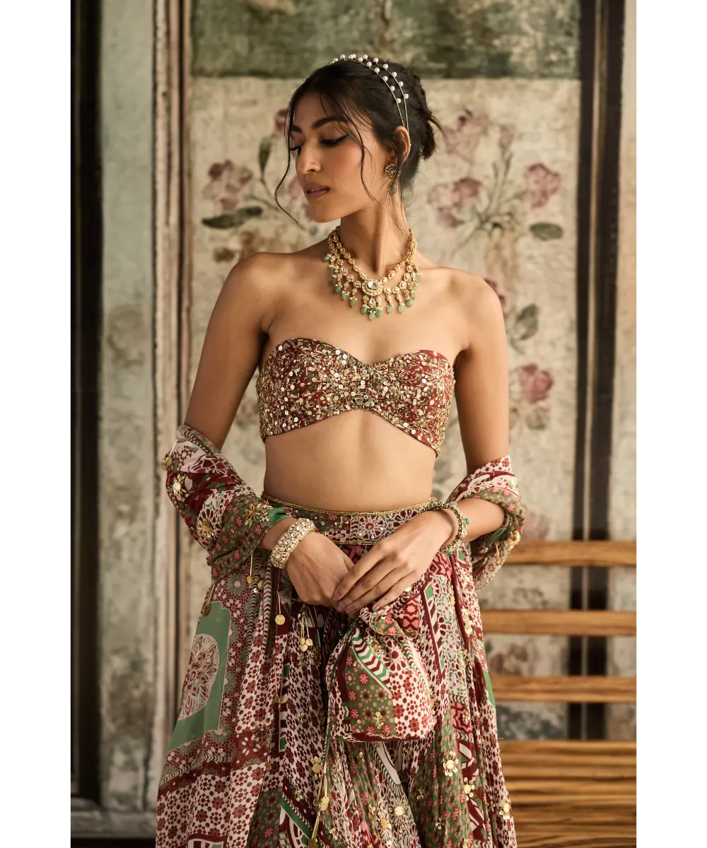 DIYARAJVVIR - Sage-Maroon Print and Highlighted Strapless Blouse with Lehenga Set