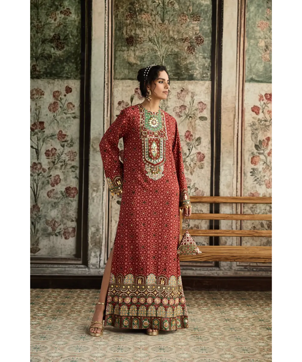 DIYARAJVVIR - Sage-Maroon Print and Highlighted Kaftan