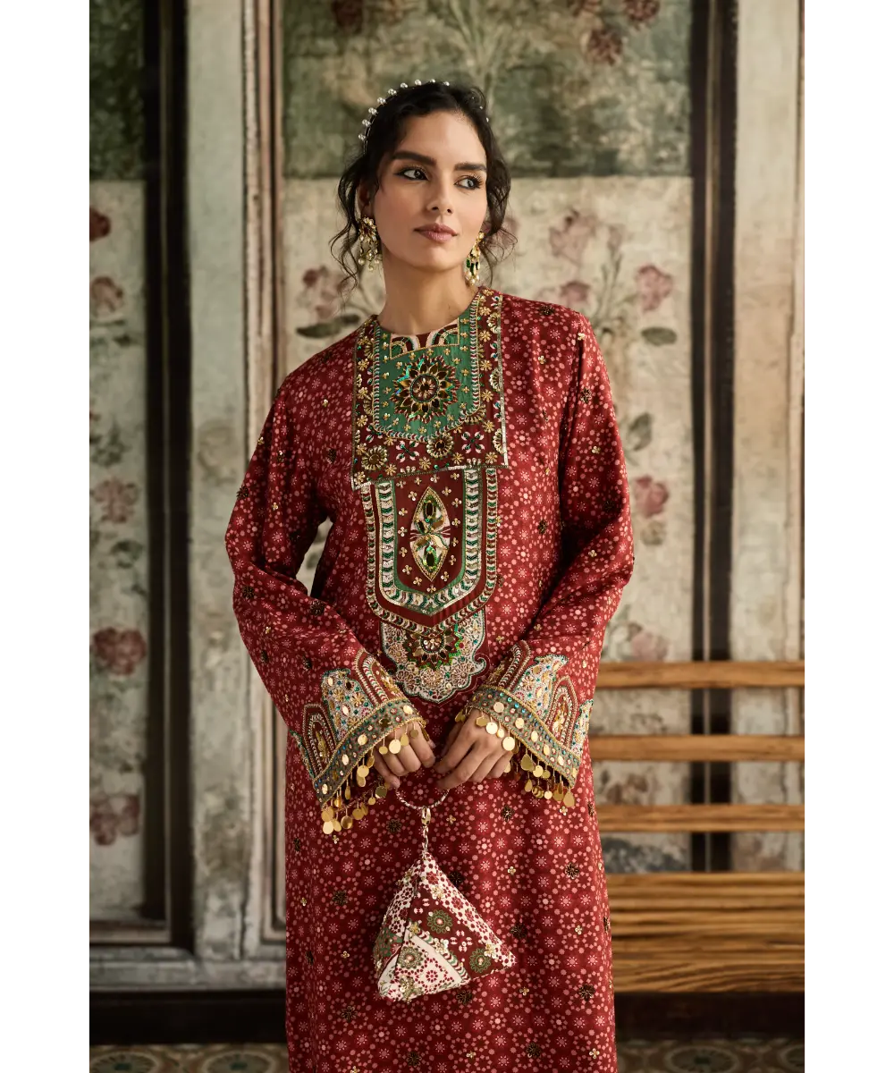 DIYARAJVVIR - Sage-Maroon Print and Highlighted Kaftan
