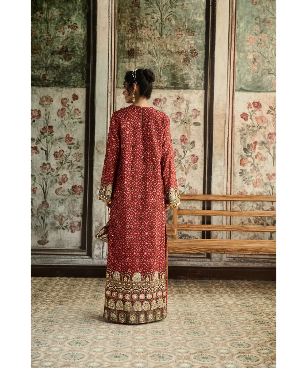 DIYARAJVVIR - Sage-Maroon Print and Highlighted Kaftan