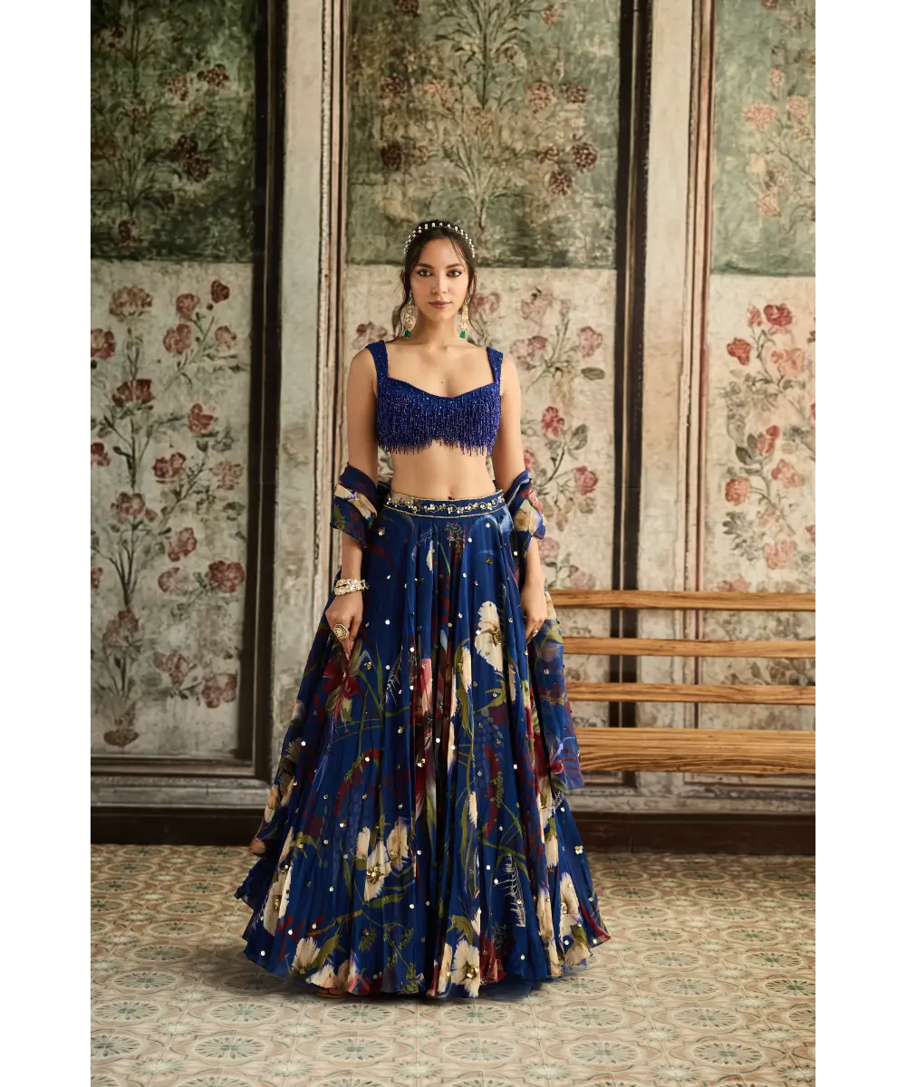 DIYARAJVVIR - Blue Floral Print and Highlighted Lehenga Set