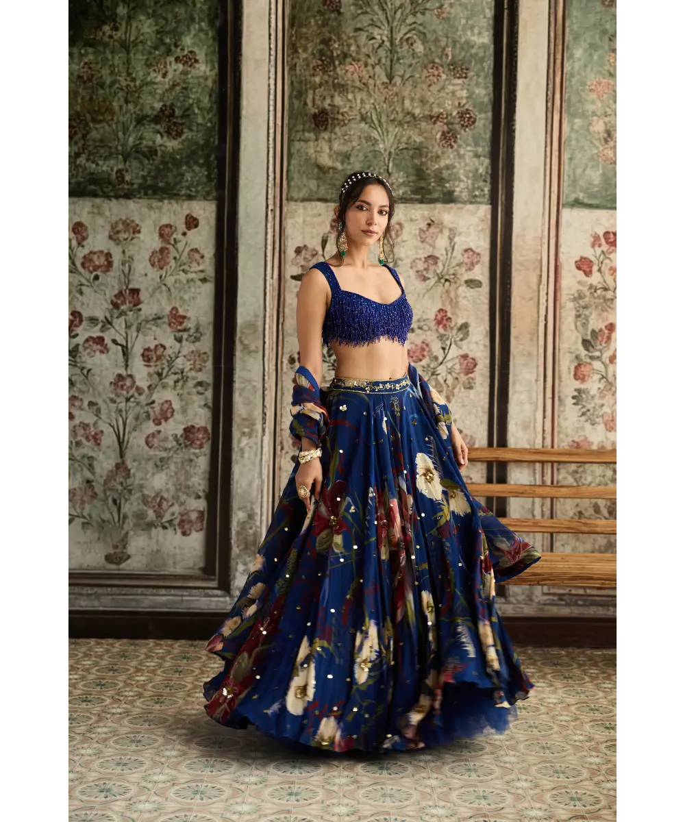 DIYARAJVVIR - Blue Floral Print and Highlighted Lehenga Set