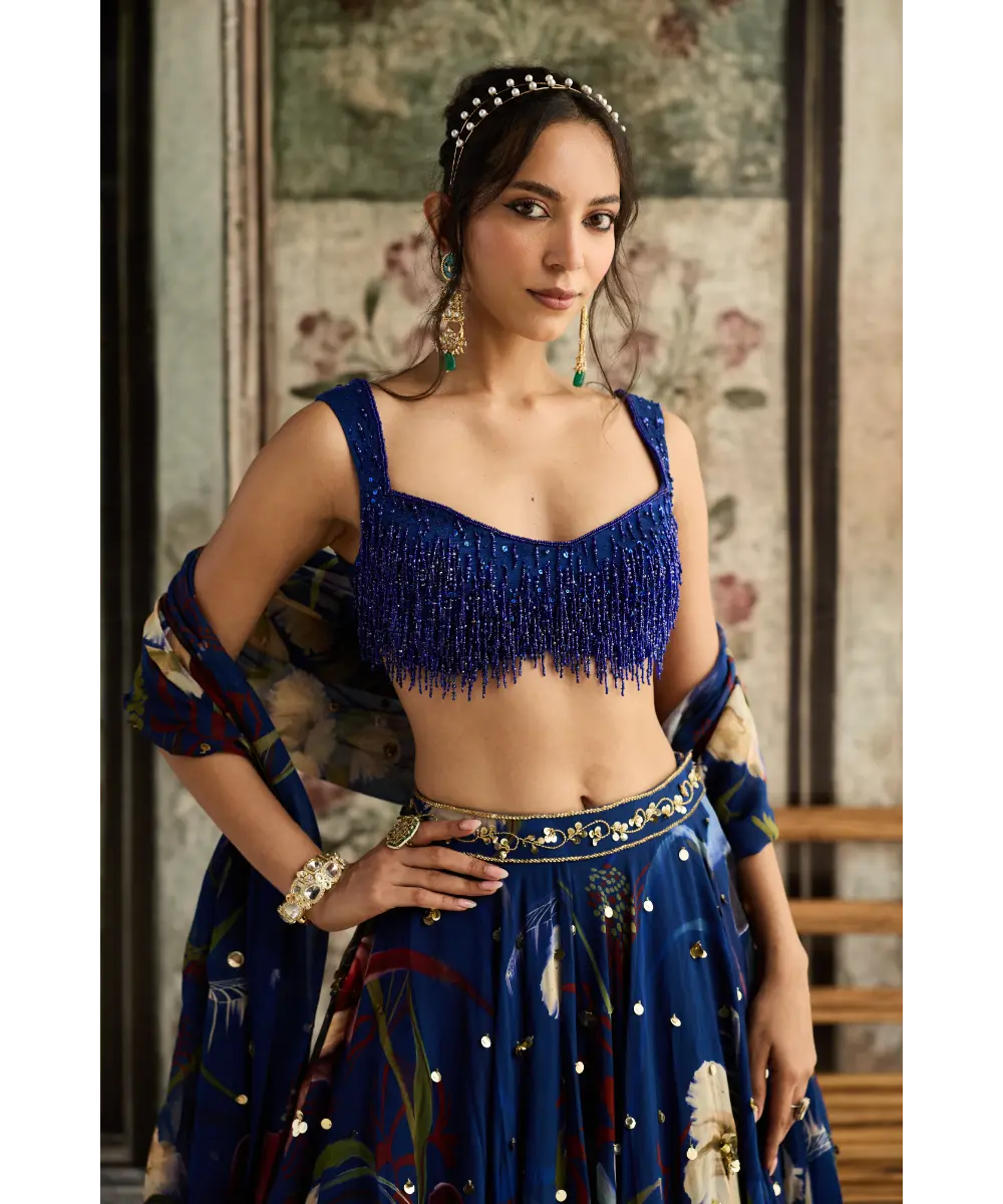 Blue Floral Print and Highlighted Lehenga Set