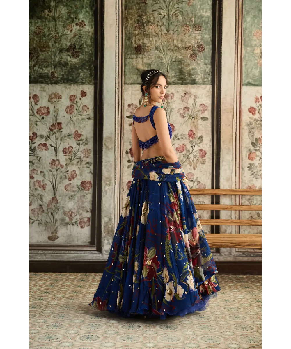 Blue Floral Print and Highlighted Lehenga Set