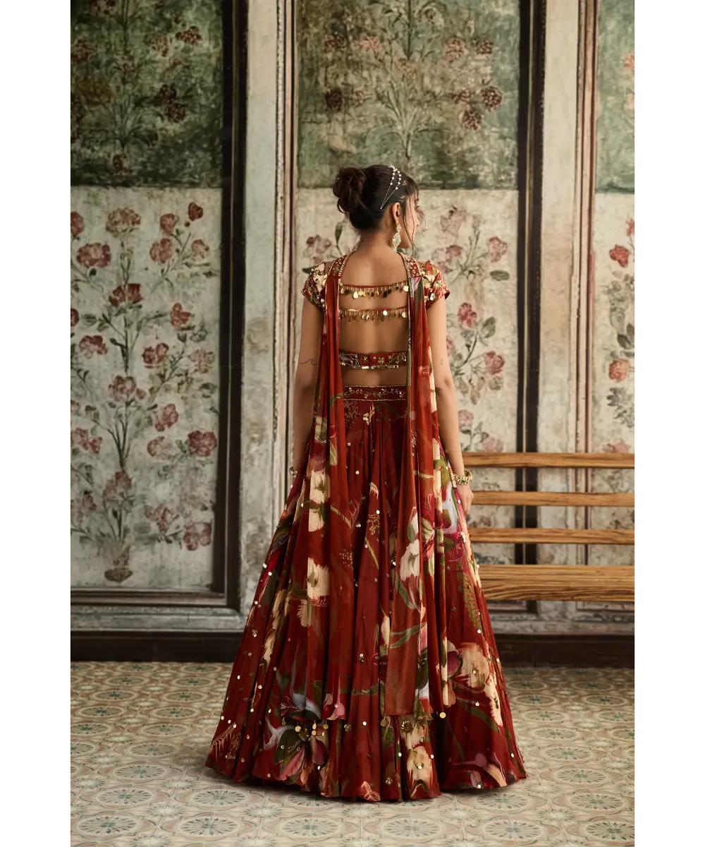 DIYARAJVVIR - Rust Floral Print and Highlighted Lehenga Set