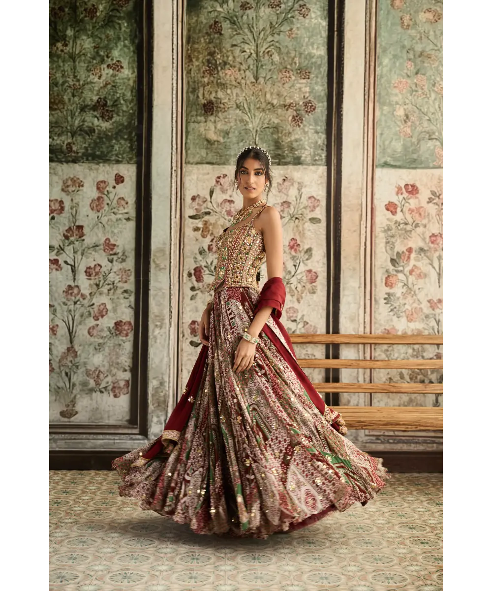 DIYARAJVVIR - Sage-Maroon Print and Highlighted Corset Blouse Lehenga Set