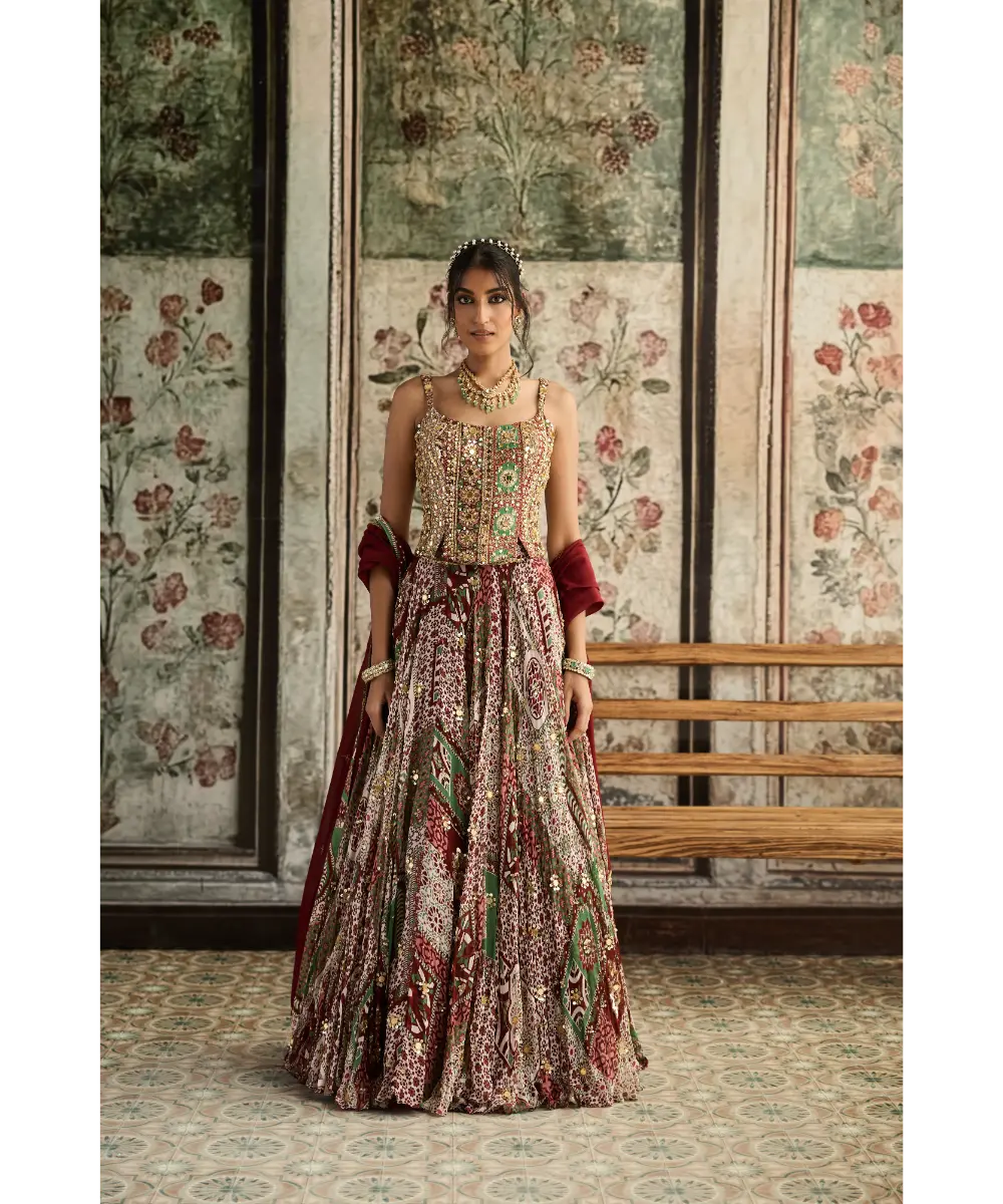 DIYARAJVVIR - Sage-Maroon Print and Highlighted Corset Blouse Lehenga Set