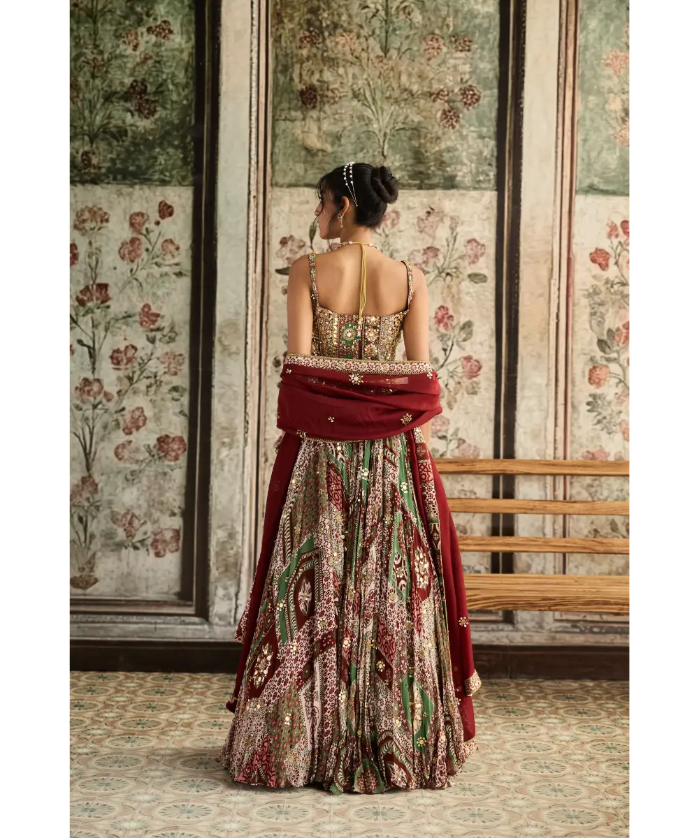 DIYARAJVVIR - Sage-Maroon Print and Highlighted Corset Blouse Lehenga Set
