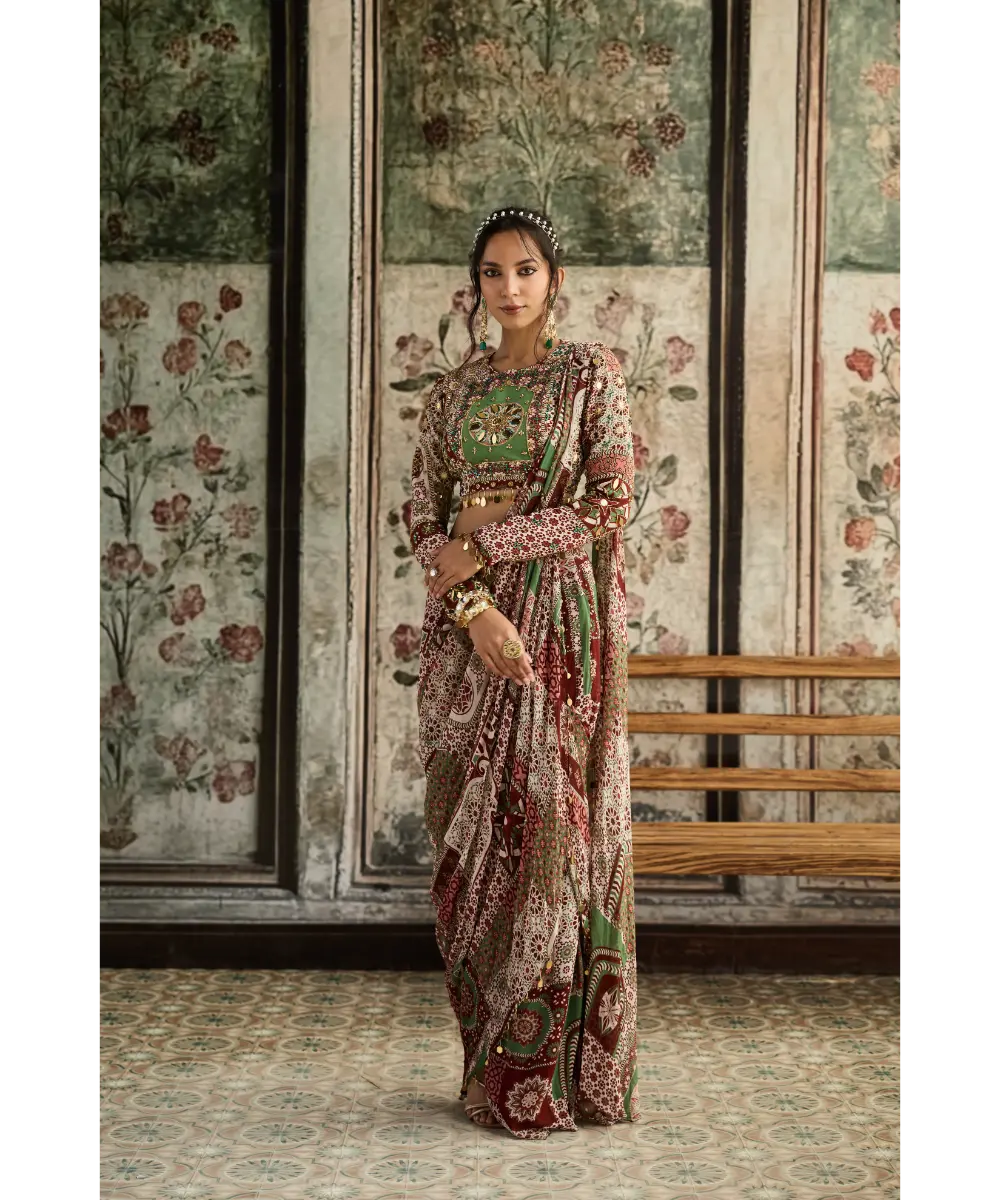 DIYARAJVVIR - Sage-Maroon Print and Highlighted Slit Skirt Saree Set