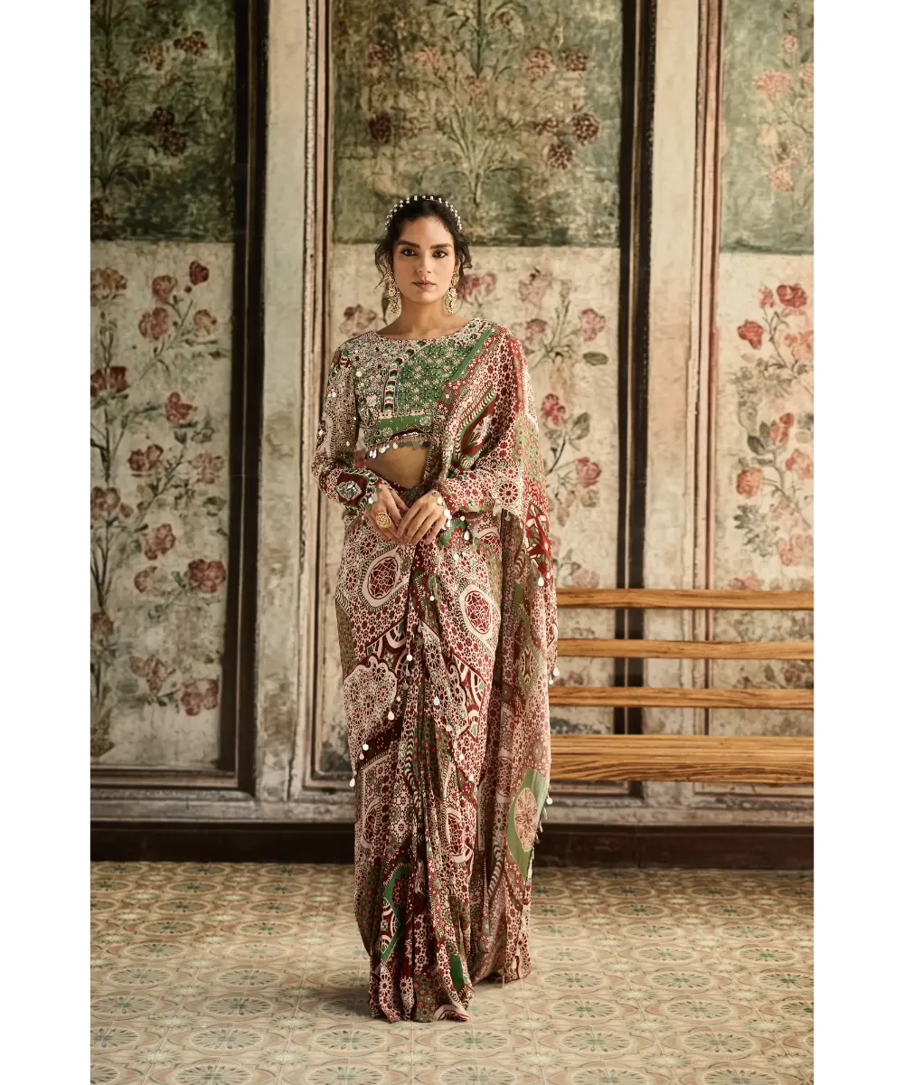DIYARAJVVIR - Sage-Maroon Print and Highlighted Dhoti Saree Set