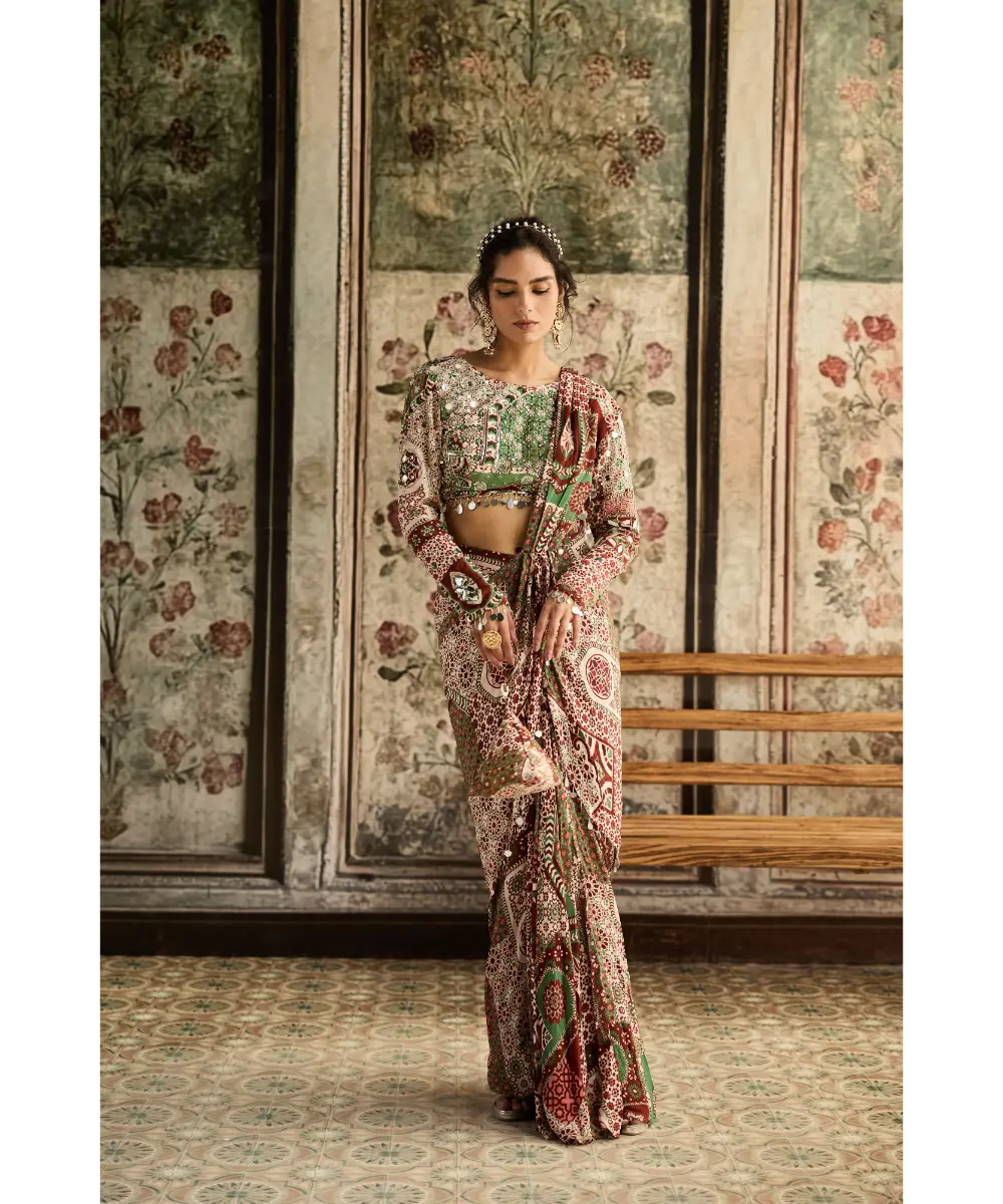 DIYARAJVVIR - Sage-Maroon Print and Highlighted Dhoti Saree Set