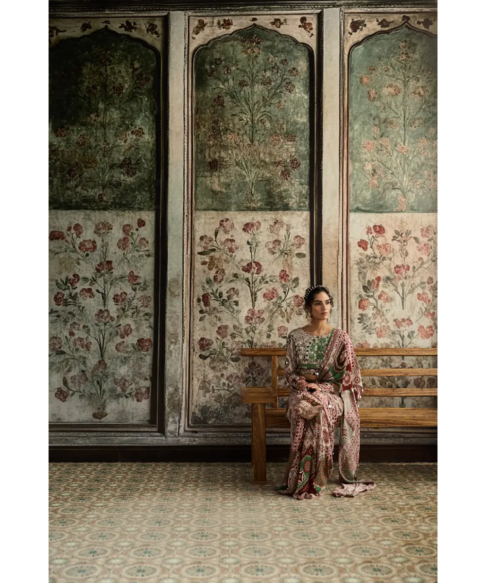 DIYARAJVVIR - Sage-Maroon Print and Highlighted Dhoti Saree Set