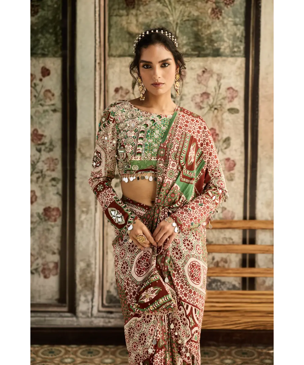 DIYARAJVVIR - Sage-Maroon Print and Highlighted Dhoti Saree Set