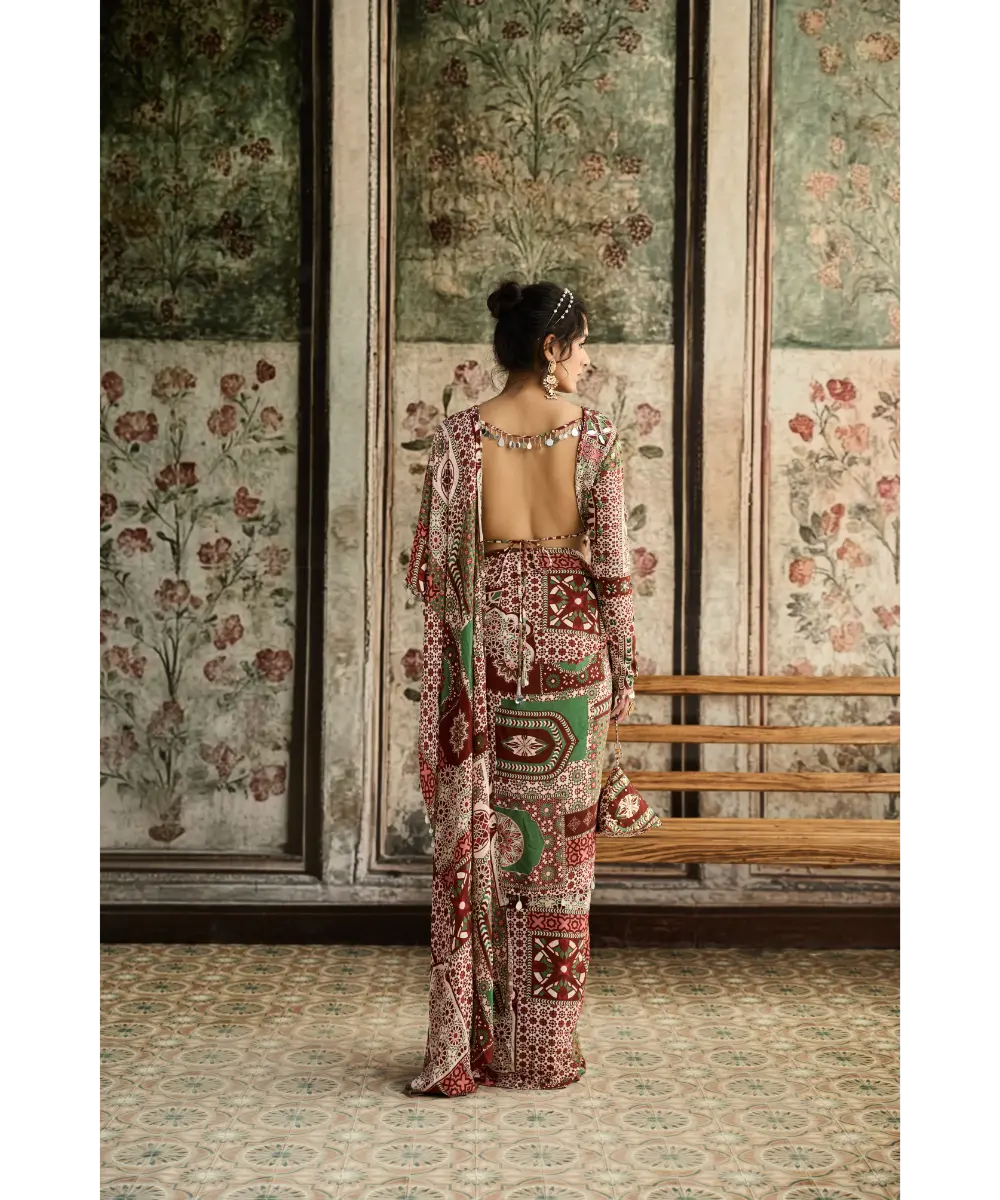 DIYARAJVVIR - Sage-Maroon Print and Highlighted Dhoti Saree Set