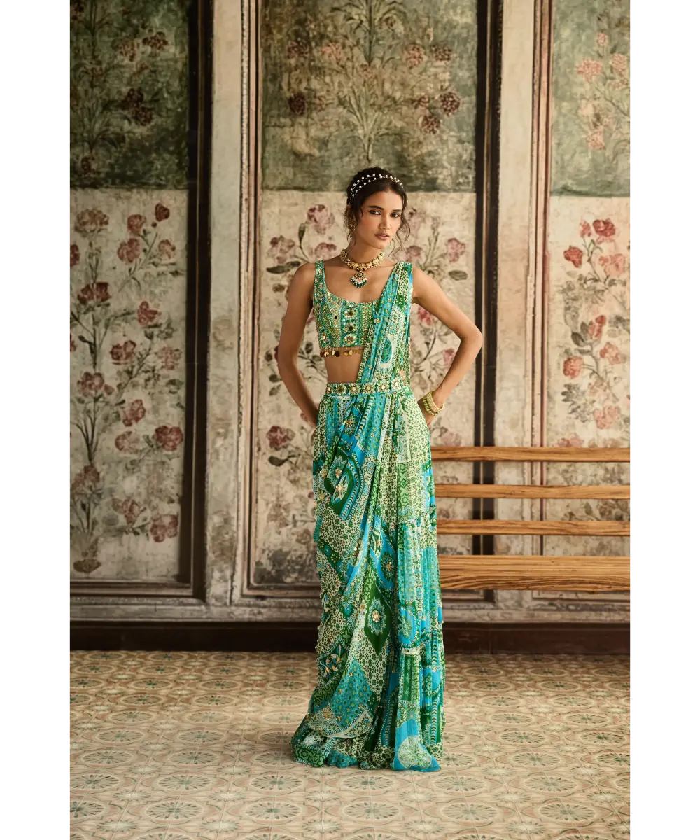 DIYARAJVVIR - Aqua Print and Highlighted Tiered Saree Set