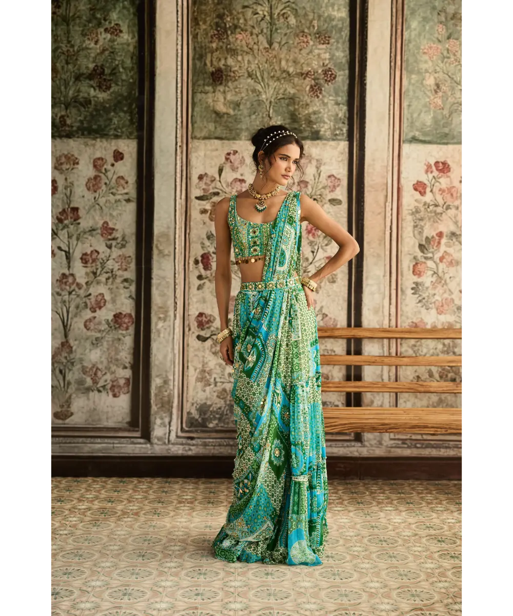 DIYARAJVVIR - Aqua Print and Highlighted Tiered Saree Set