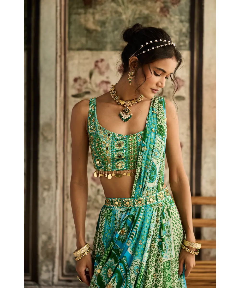Aqua Print and Highlighted Tiered Saree Set