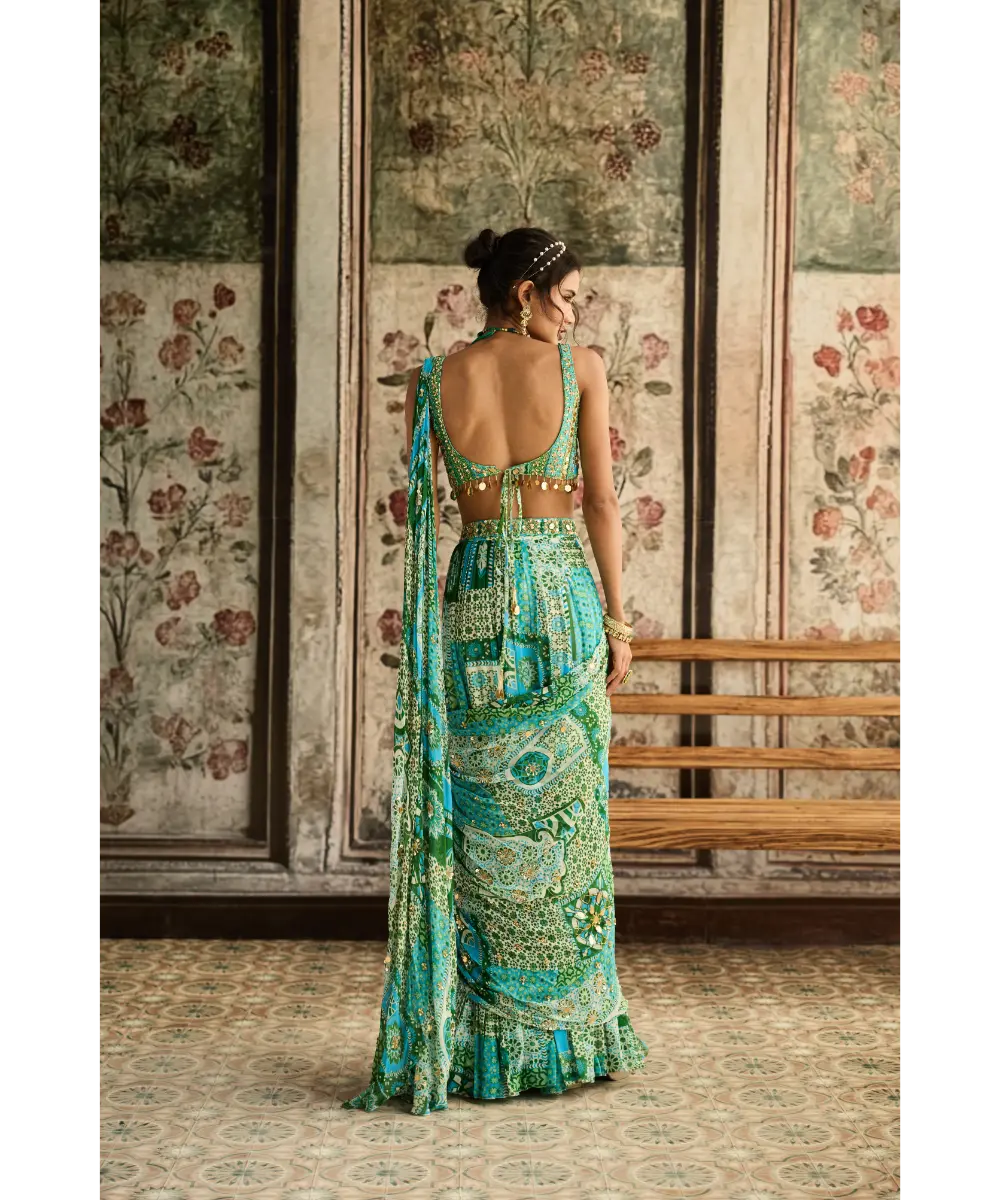 Aqua Print and Highlighted Tiered Saree Set