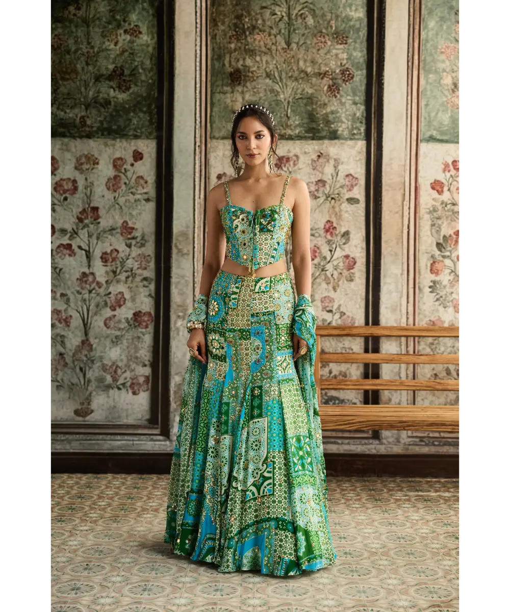 DIYARAJVVIR - Aqua Print and Highlighted Corset Mermaid Skirt Set