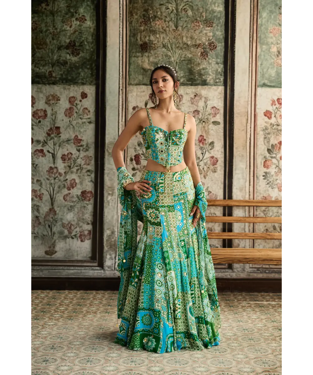 DIYARAJVVIR - Aqua Print and Highlighted Corset Mermaid Skirt Set