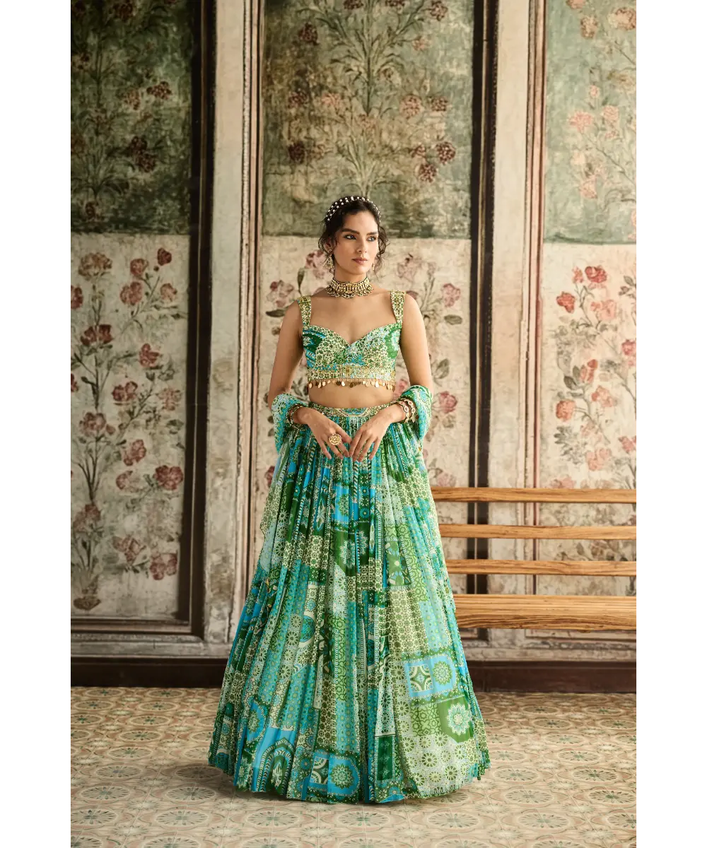 DIYARAJVVIR - Aqua Print and Highlighted Ruched Blouse Lehenga Set