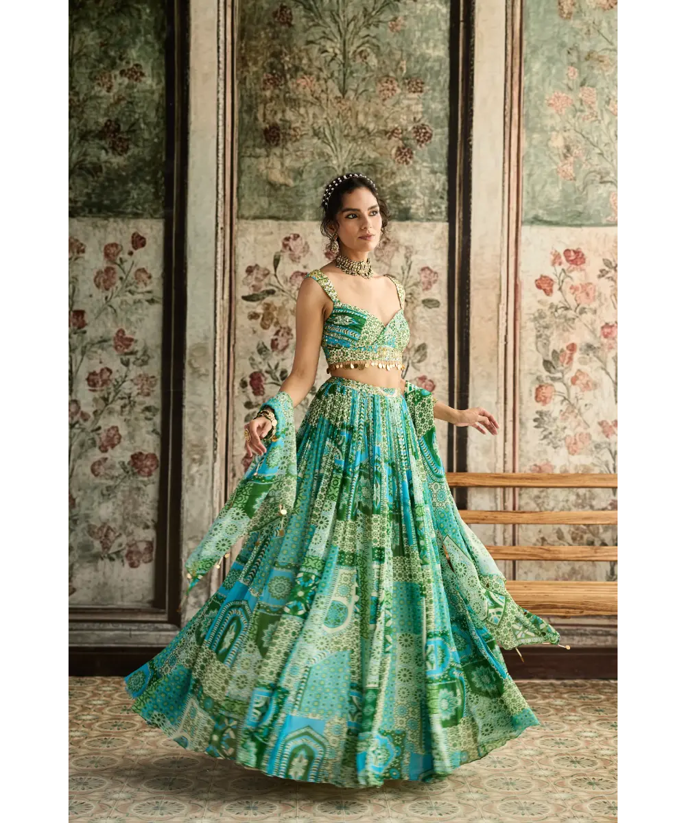 DIYARAJVVIR - Aqua Print and Highlighted Ruched Blouse Lehenga Set
