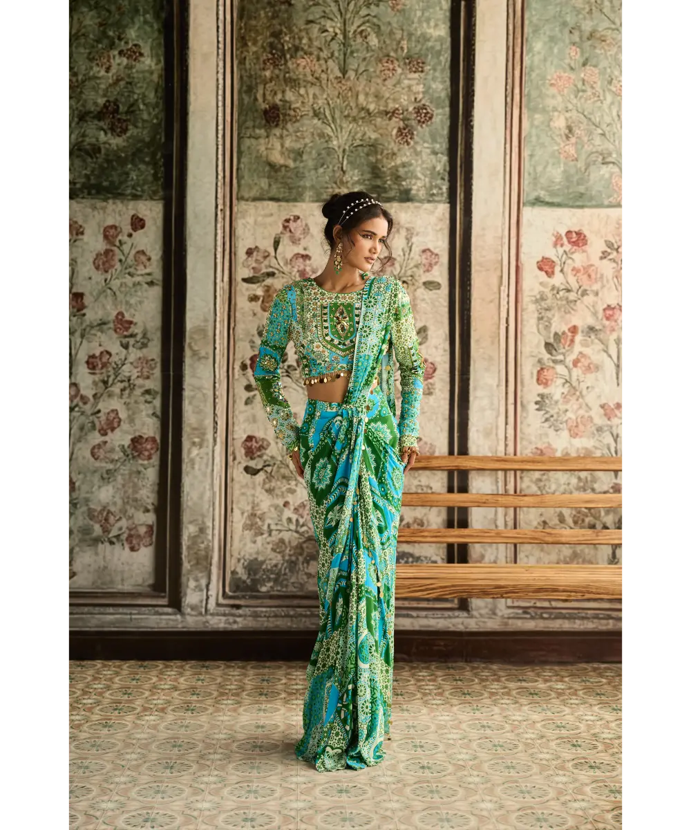 DIYARAJVVIR - Aqua Print and Highlighted Dhoti Saree Set