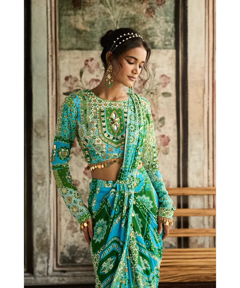 DIYARAJVVIR - Aqua Print and Highlighted Dhoti Saree Set