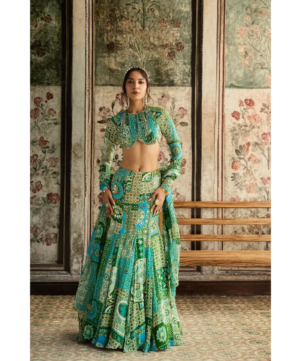 DIYARAJVVIR - Aqua Print and Highlighted Ruched Blouse Mermaid Skirt Set