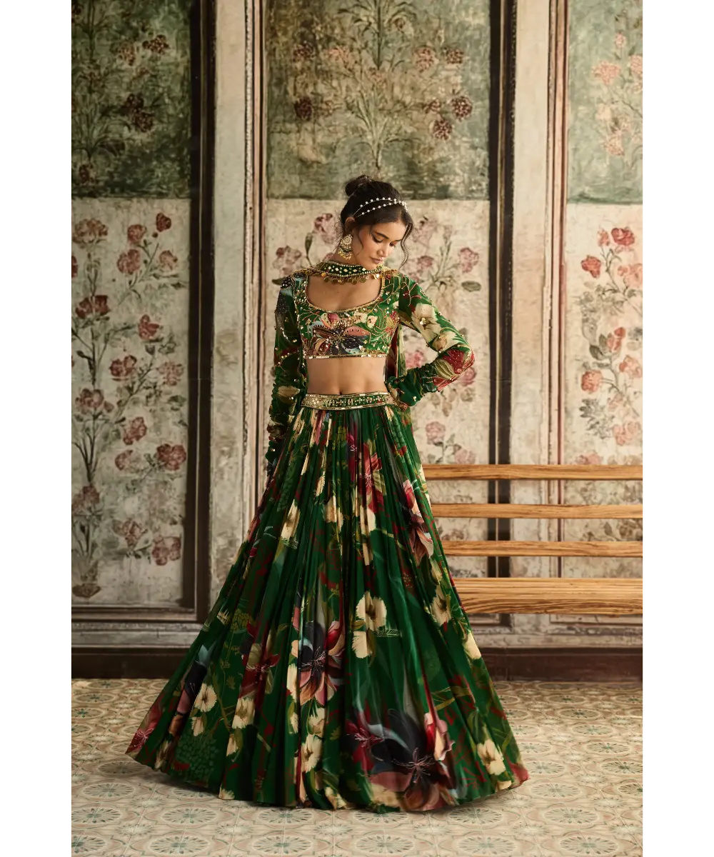 DIYARAJVVIR - Green Floral Printed Lehenga Set