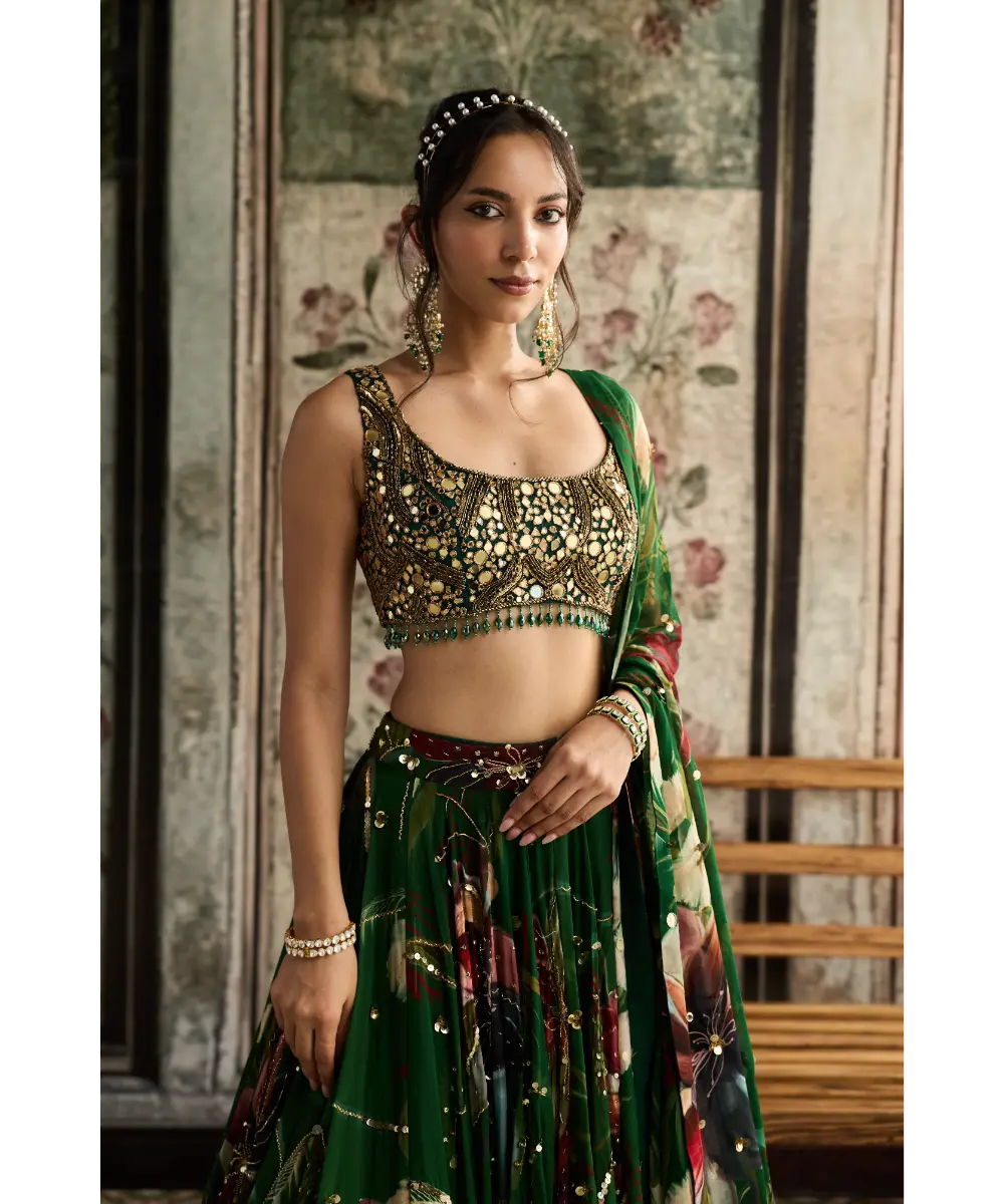 DIYARAJVVIR - Green Floral Print and Highlighted Lehenga Set