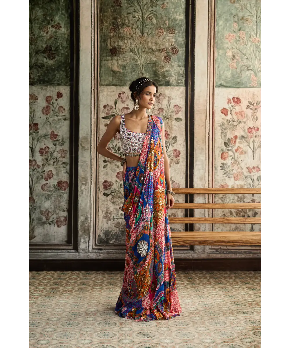 DIYARAJVVIR - MULTI-COLOR PRINT AND HIGHLIGHTED SQUARE NECK BLOUSE WITH TIERED SKIRT SAREE SET