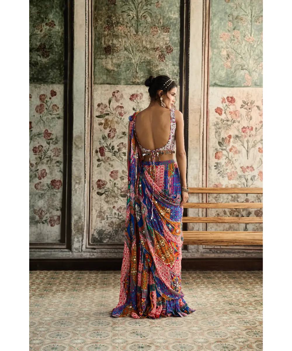 DIYARAJVVIR - MULTI-COLOR PRINT AND HIGHLIGHTED SQUARE NECK BLOUSE WITH TIERED SKIRT SAREE SET