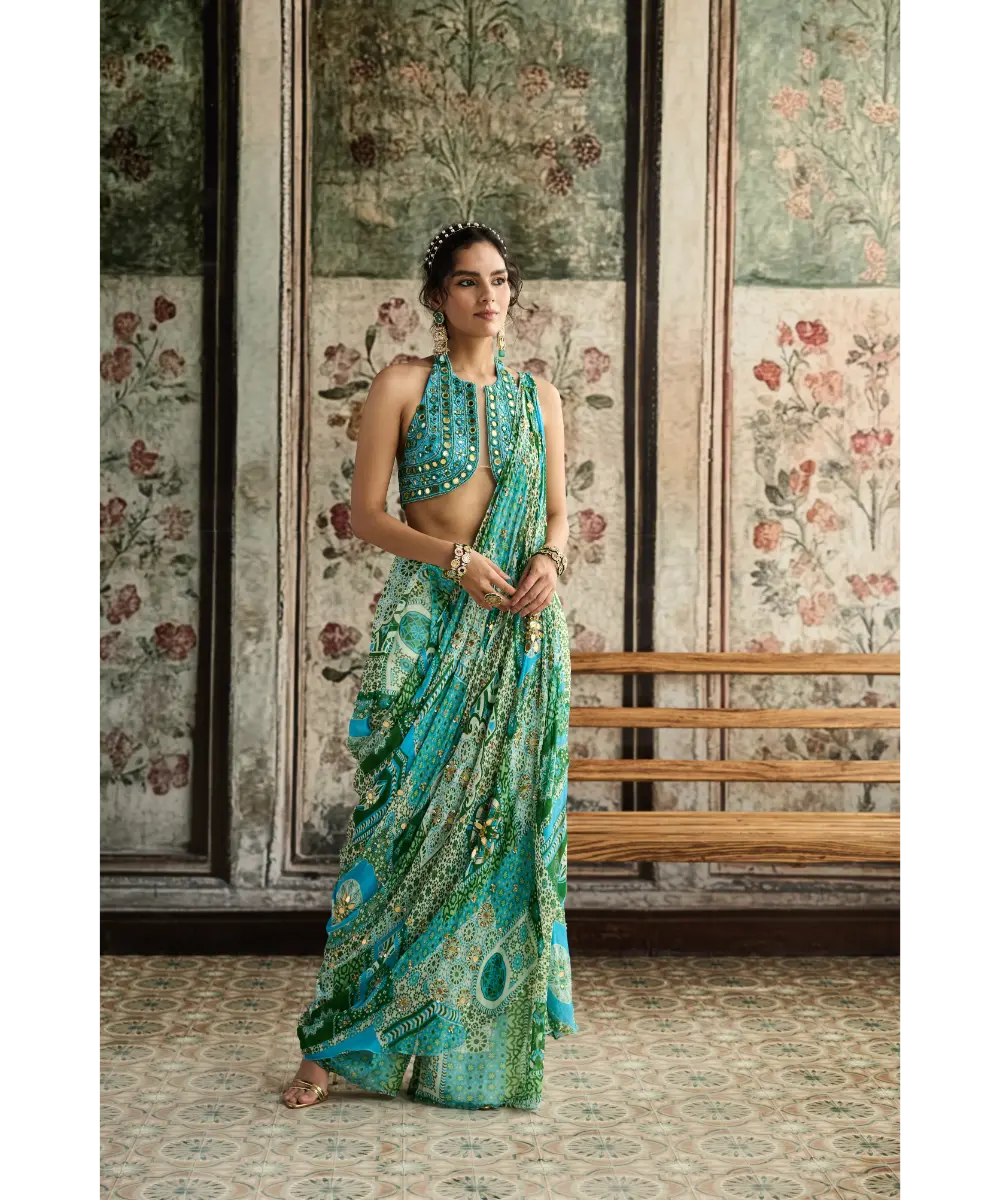 DIYARAJVVIR - Aqua Embroidered Blouse and Aqua Print and Highlighted Drape Box Pleat Pant Saree