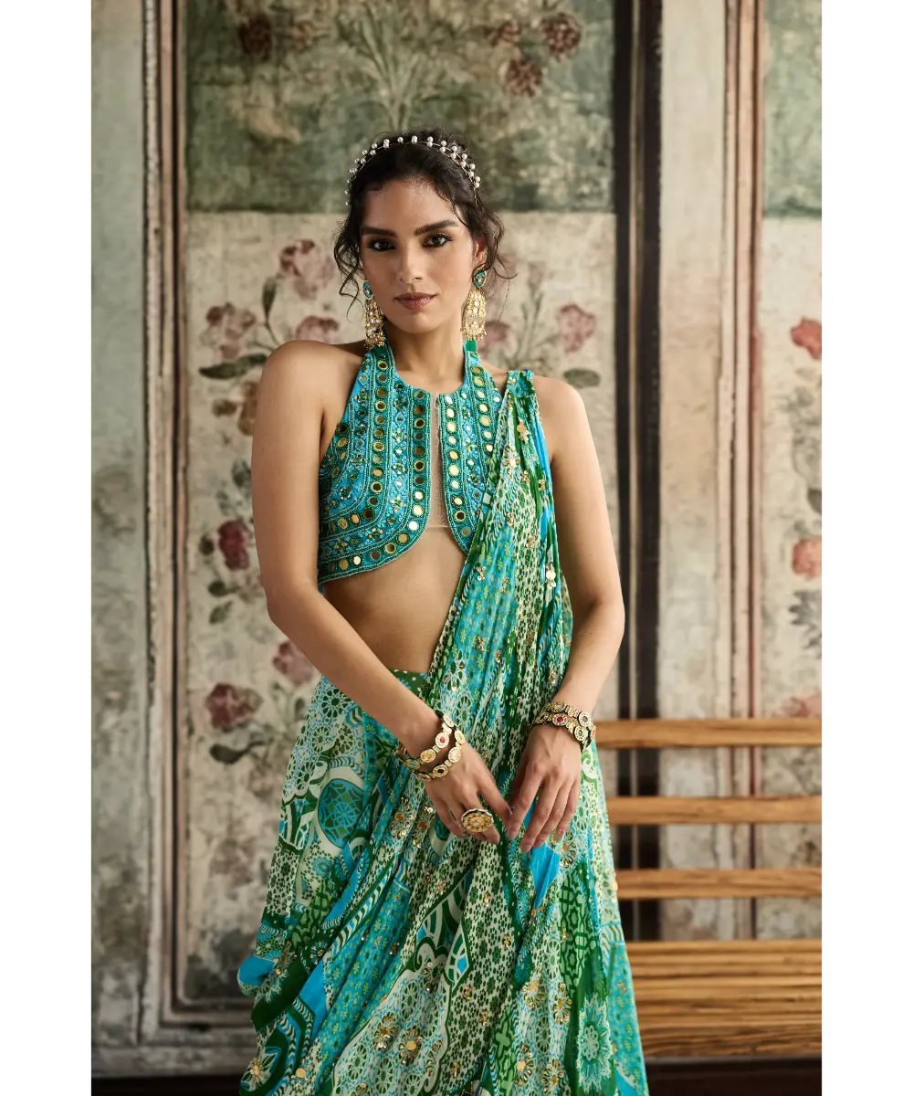 DIYARAJVVIR - Aqua Embroidered Blouse and Aqua Print and Highlighted Drape Box Pleat Pant Saree