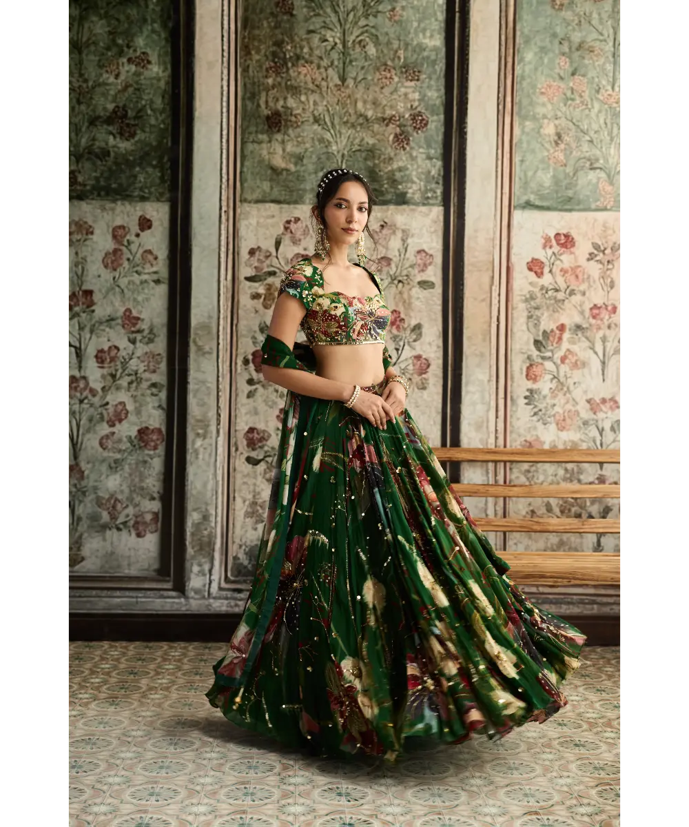 DIYARAJVVIR - Green Floral Print and Highlighted Lehenga Set