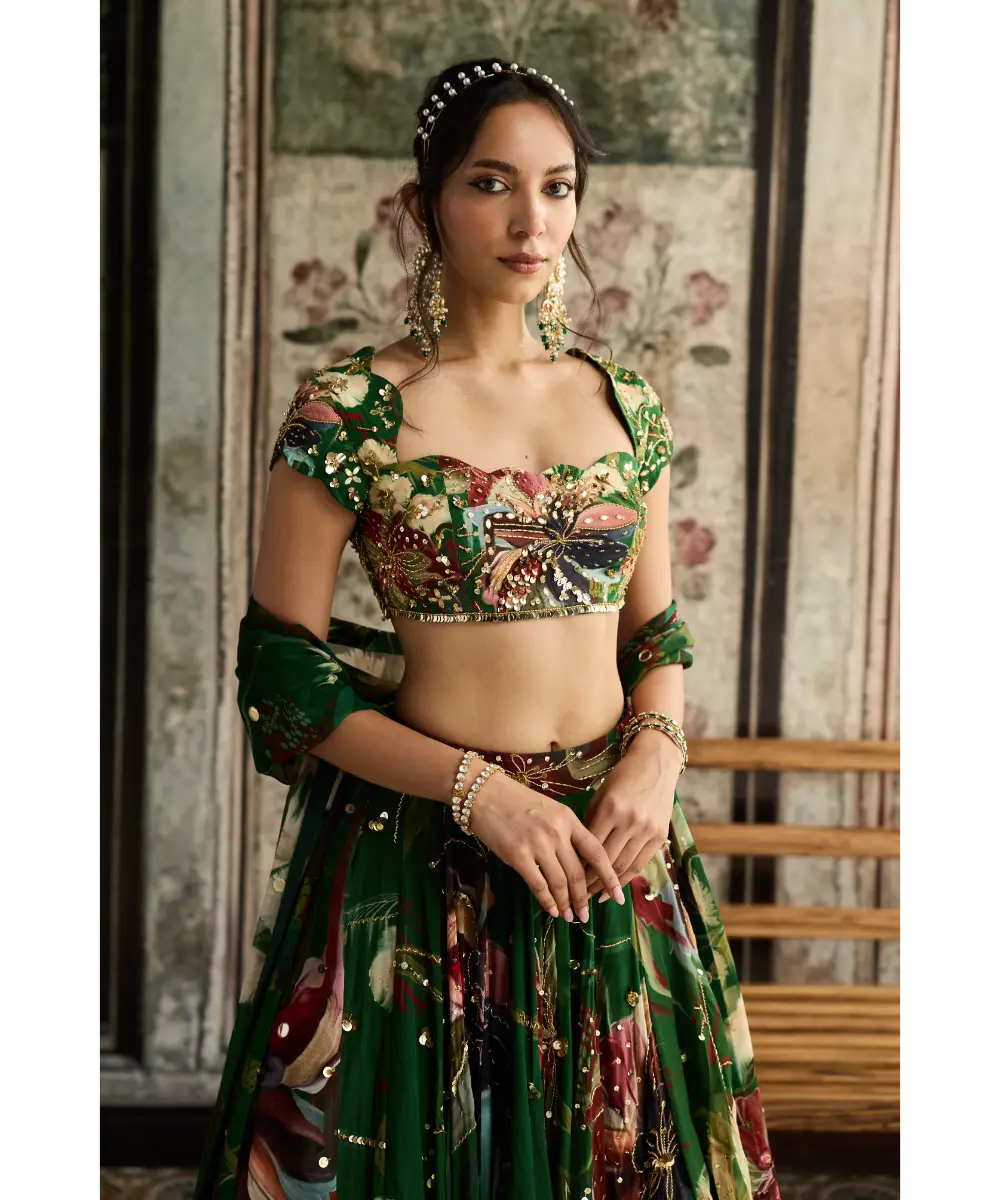 DIYARAJVVIR - Green Floral Print and Highlighted Lehenga Set