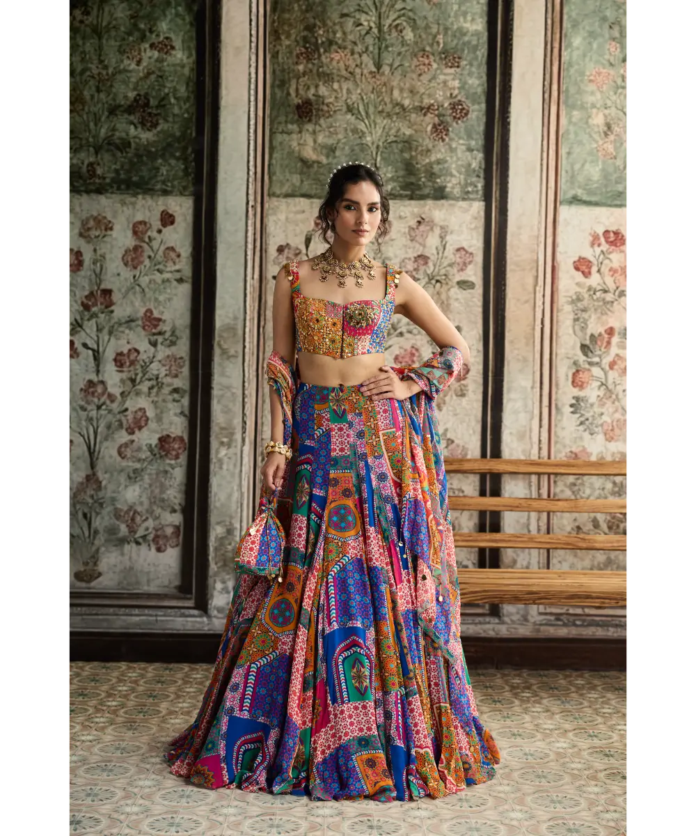 DIYARAJVVIR - MULTI-COLOR  PRINT AND HIGHLIGHTED CRISS-CROSS BACK BLOUSE WITH GODET SKIRT SET
