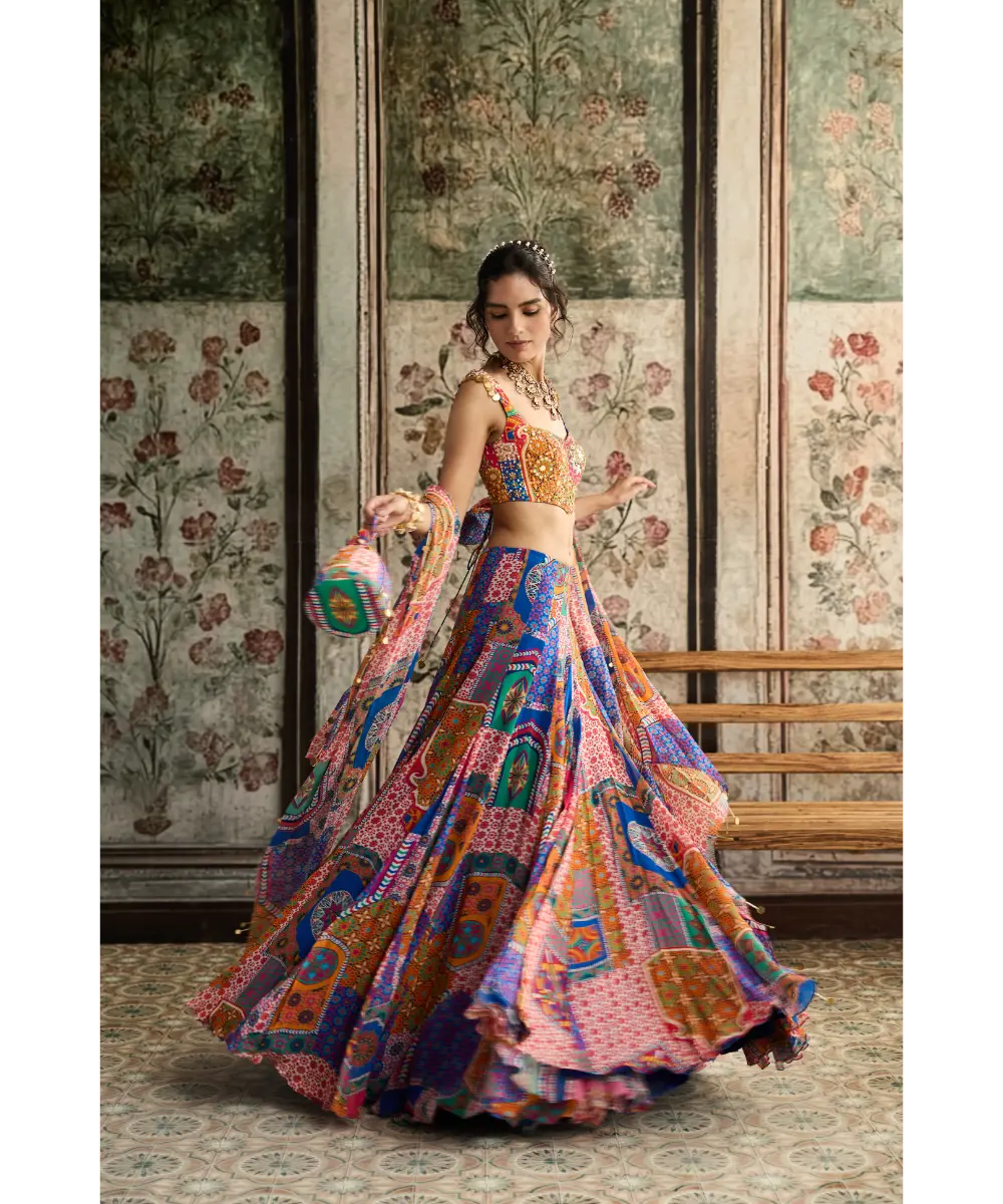 DIYARAJVVIR - MULTI-COLOR  PRINT AND HIGHLIGHTED CRISS-CROSS BACK BLOUSE WITH GODET SKIRT SET