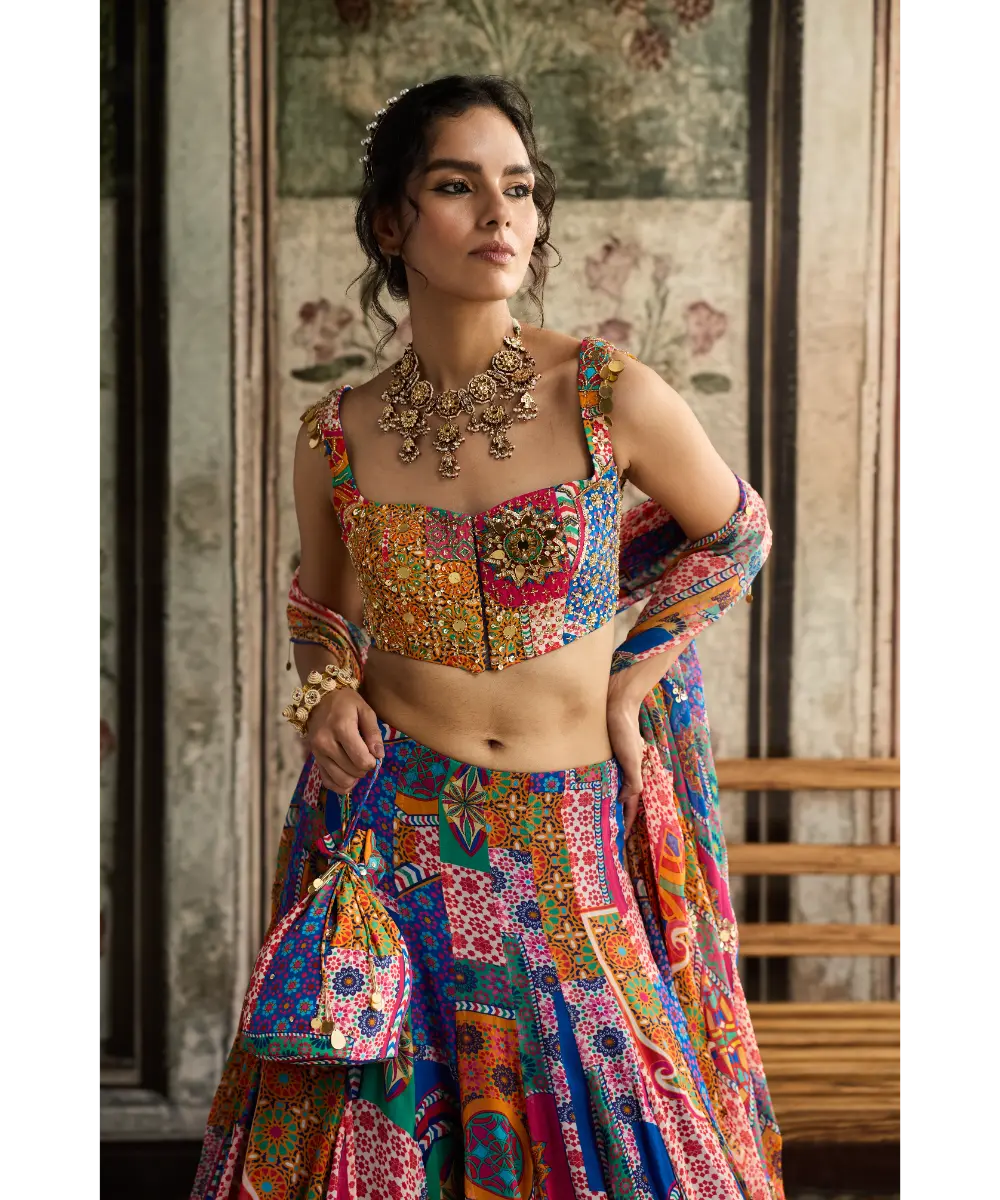 DIYARAJVVIR - MULTI-COLOR  PRINT AND HIGHLIGHTED CRISS-CROSS BACK BLOUSE WITH GODET SKIRT SET