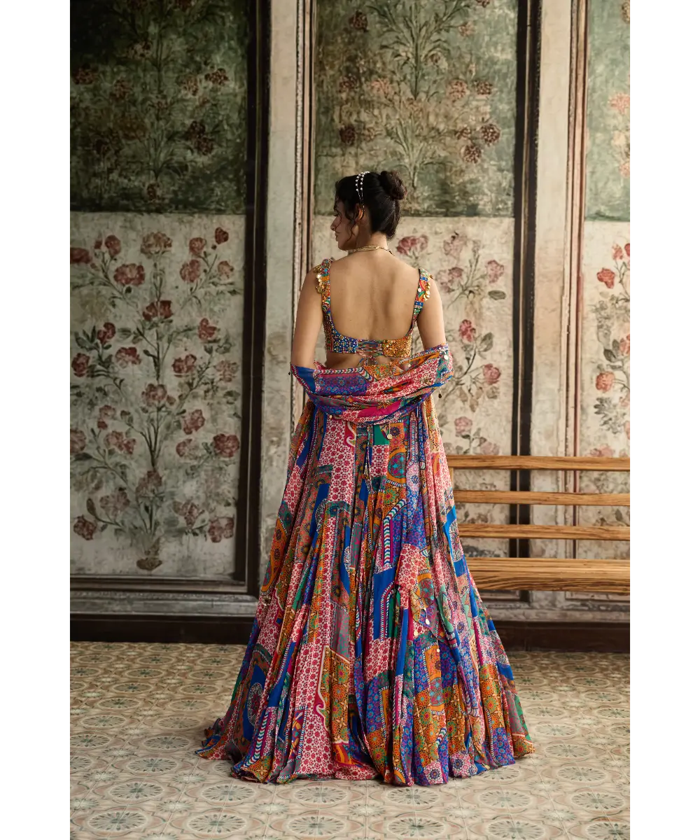 DIYARAJVVIR - MULTI-COLOR  PRINT AND HIGHLIGHTED CRISS-CROSS BACK BLOUSE WITH GODET SKIRT SET