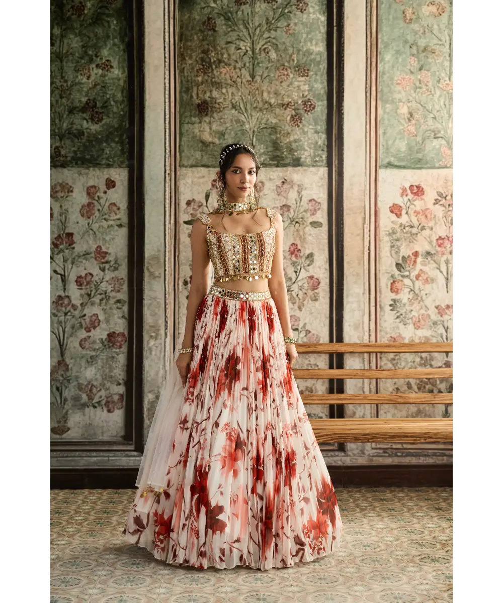 DIYARAJVVIR - IVORY & RUST FLORAL PRINTED LEHENGA SET