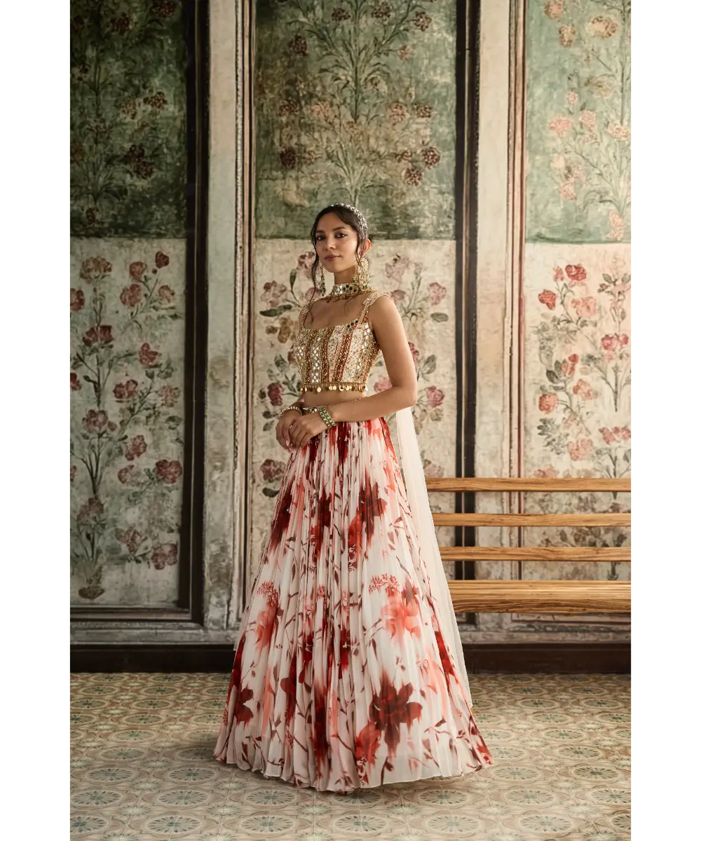 DIYARAJVVIR - IVORY & RUST FLORAL PRINTED LEHENGA SET