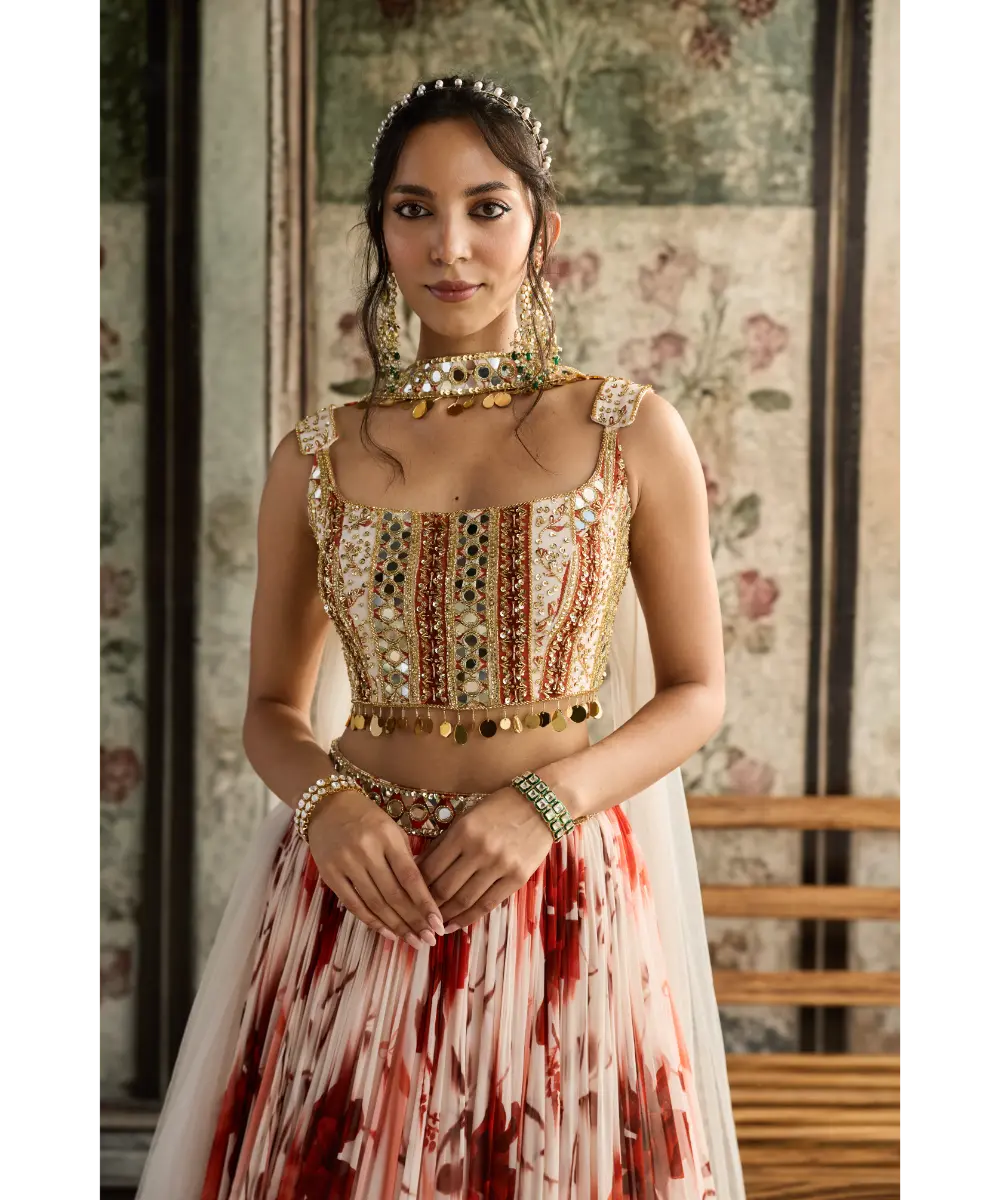 DIYARAJVVIR - IVORY & RUST FLORAL PRINTED LEHENGA SET