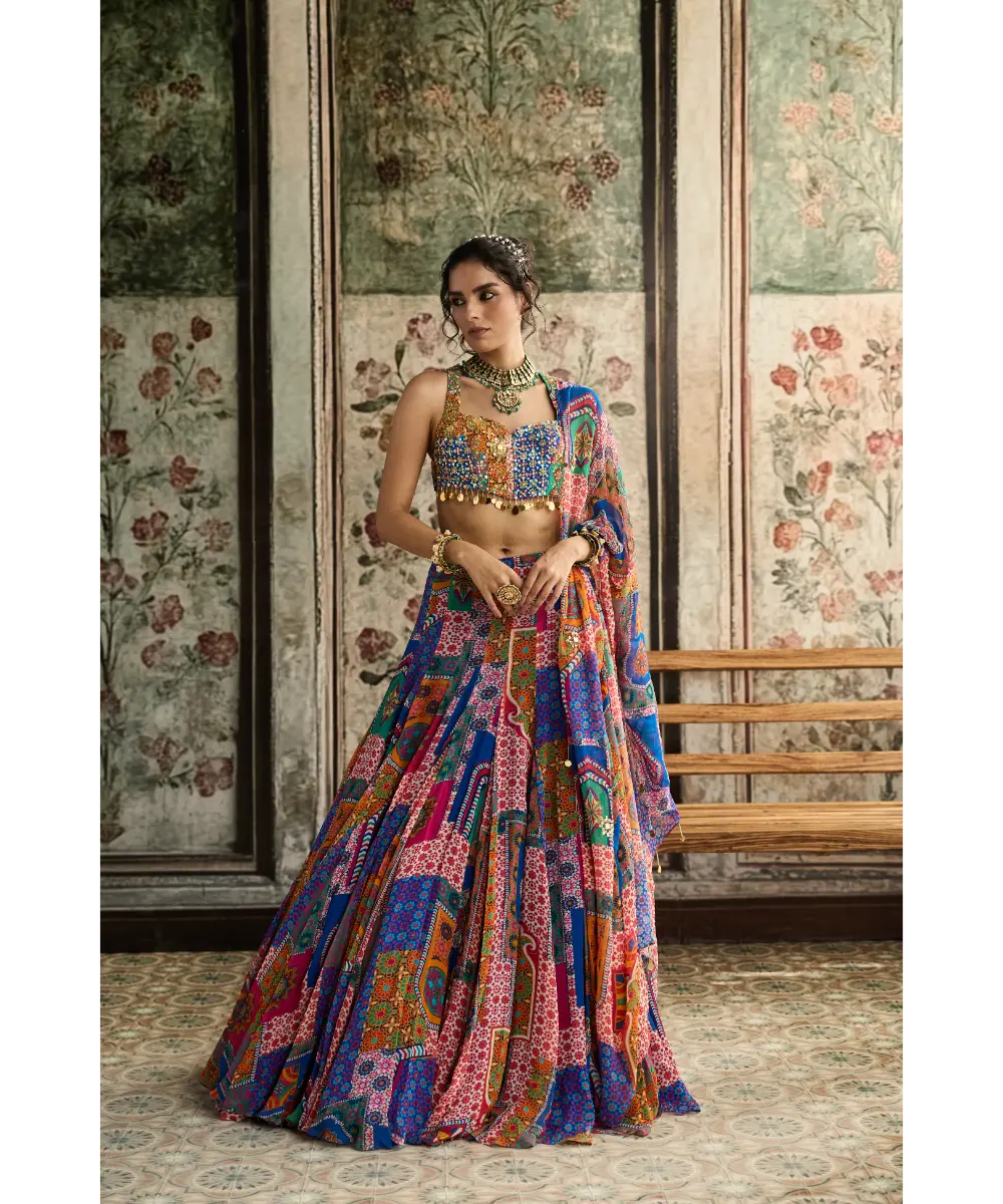 DIYARAJVVIR - MULTI-COLOR  PRINT AND HIGHLIGHTED RACERBACK BLOUSE WITH GODET SKIRT SET